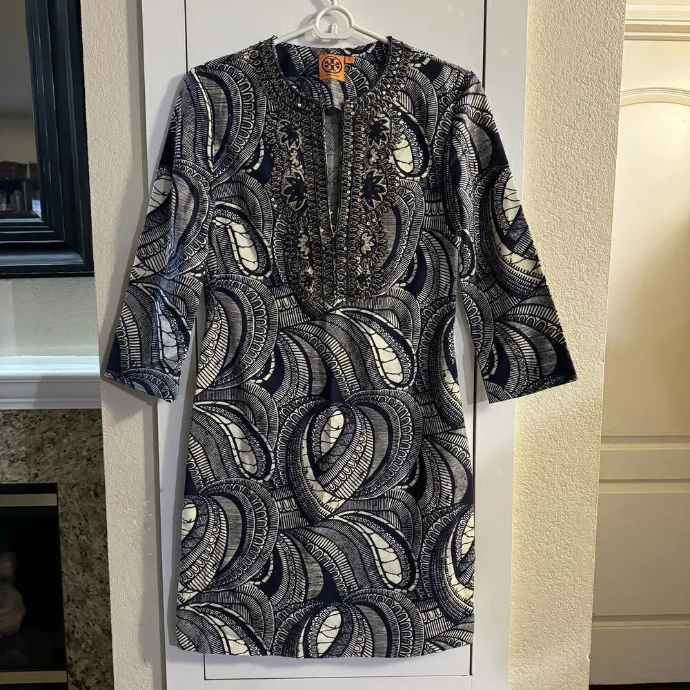TORY BURCH LEILA CAFTAN TUNIC DRESS NAVY BLUE SIZE 0